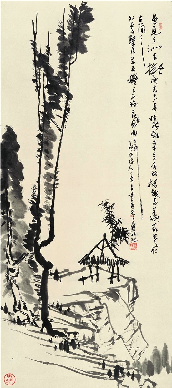 潘天寿 小亭枯树图轴 139.5×62cm 纸本水墨 1961年 图片选自“民族翰骨：潘天寿诞辰120周年纪念大展” 在这幅作品中，潘先生题了一个少见的长款：“曾见天池生拟倪高士小亭枯树轴，笔意奔放，格趣高华，[蕴]荒寒于古简之外，至为难得。兹再拟之，不识落谁家面目耳。‘华’下脱‘蕴’。六一年辛丑岁暮，寿并记。”以其俊洒飘逸的姿态立于图轴右侧空间，见其大气的同时也弥补了构图带来的过于空阔之感。另外，画上印章为四枚，常用的白文印“潘天寿”与两个朱文的“阿寿”均落于款识四周，圆形朱文印“宠为下”压于左下角的空白处。